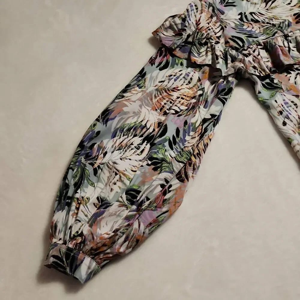 Aimae Tropical Print Ruffled Yoke Button Front Western Flair Long Sleeve Size Me